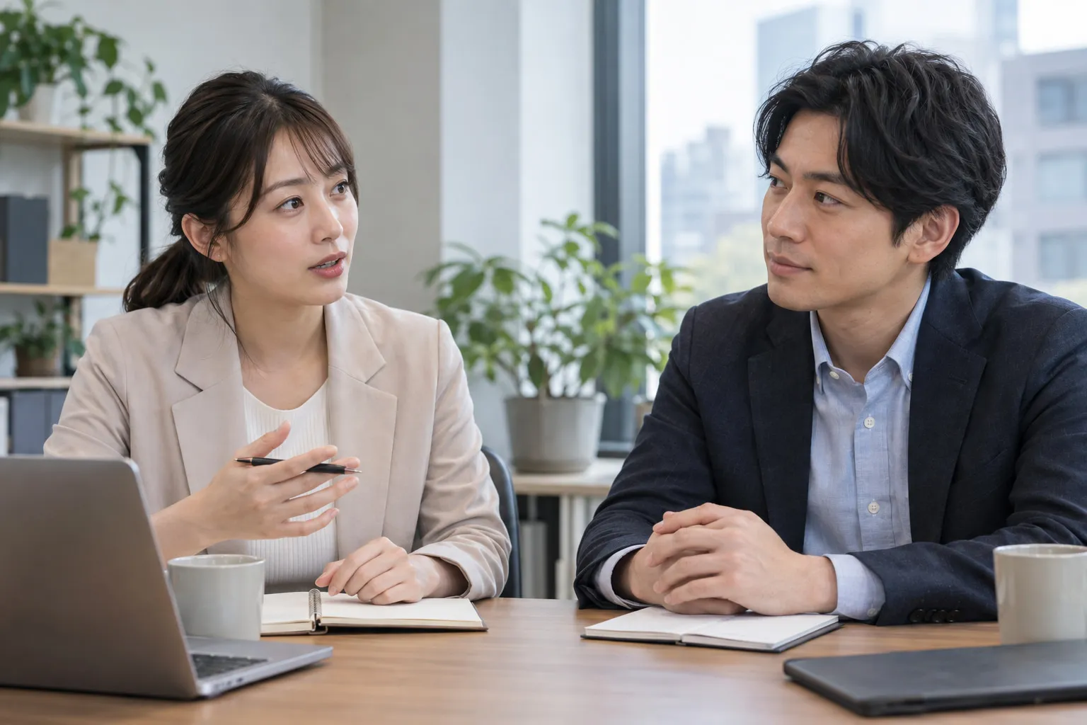 打ち合わせのテーブルで資料を広げて話す様子