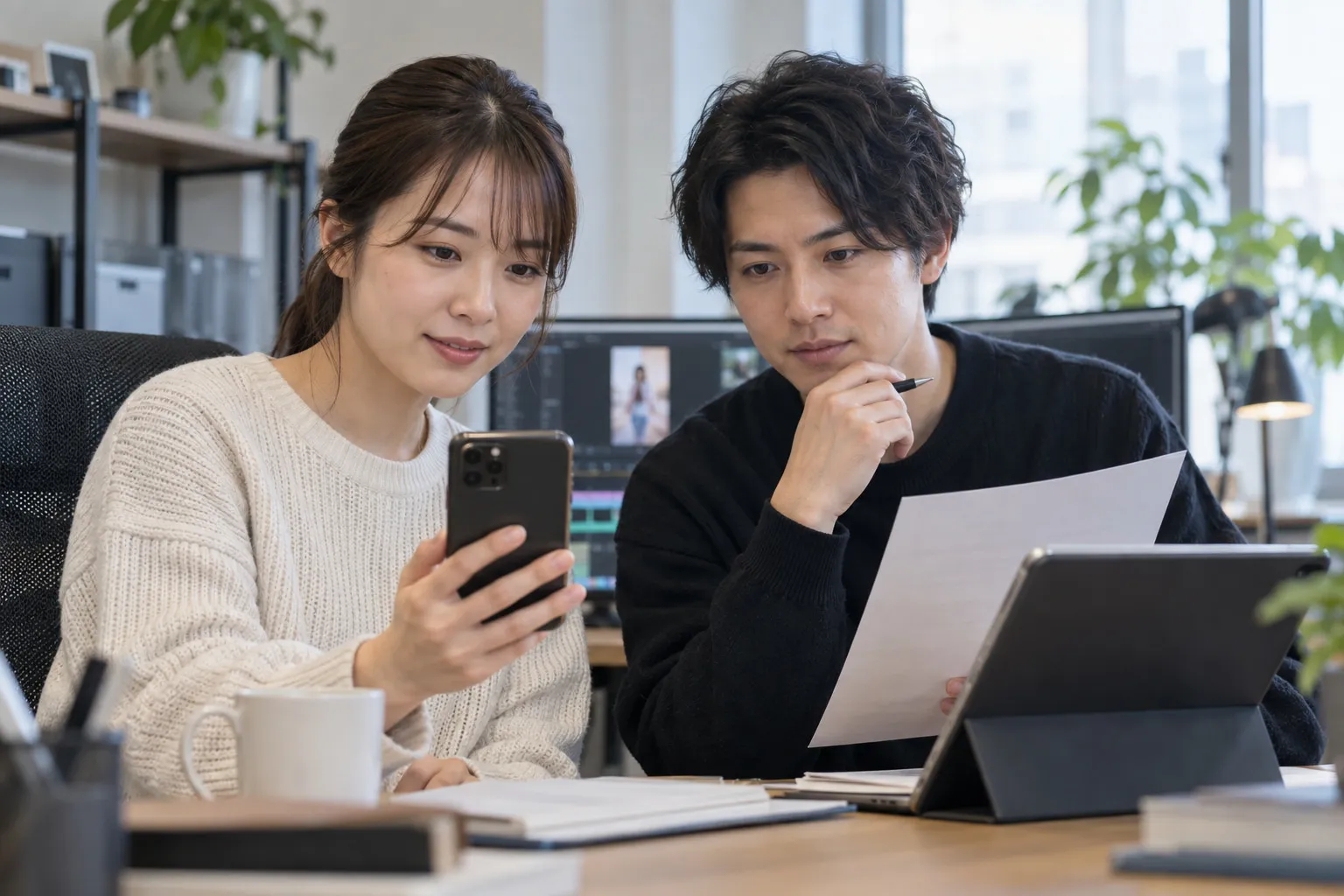 スマートフォンの実機で公開後の動画と数字を確認する担当者