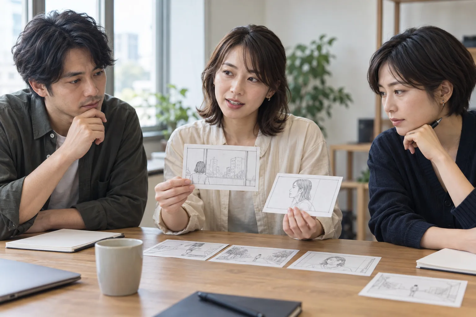 打ち合わせのテーブルで企画資料を広げて確認する様子
