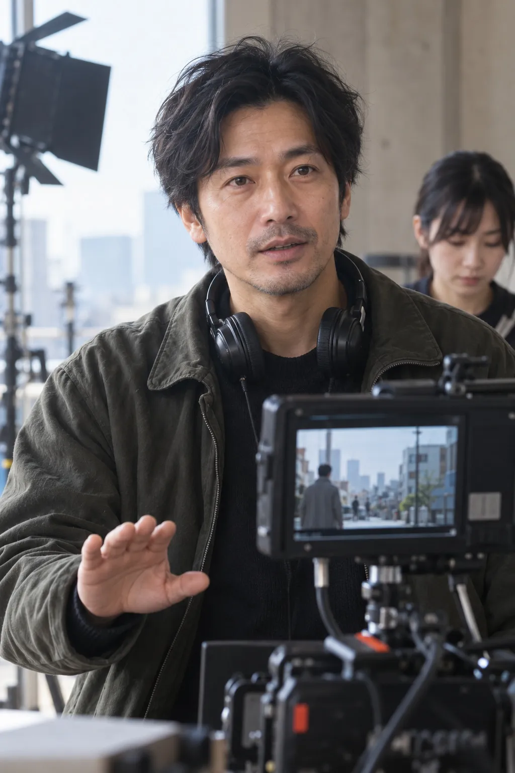 撮影の進行を仕切る監督とカメラまわりのスタッフ
