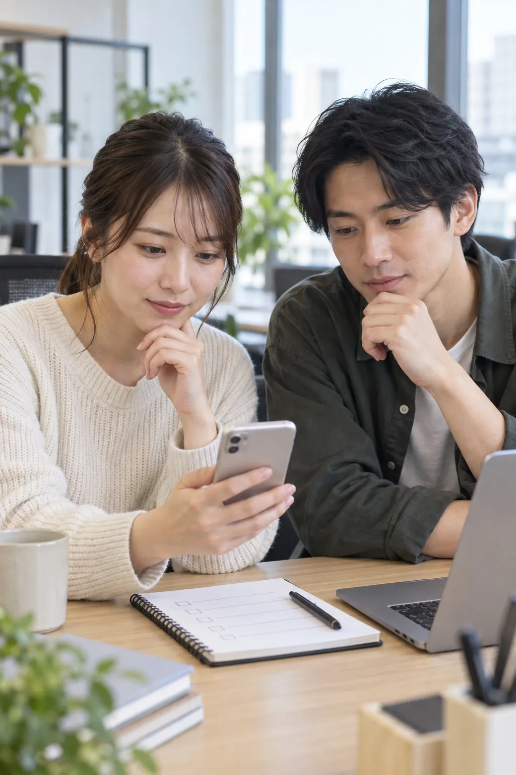 スマートフォンでSNSアカウントの管理画面を確認しながら打ち合わせをしている様子