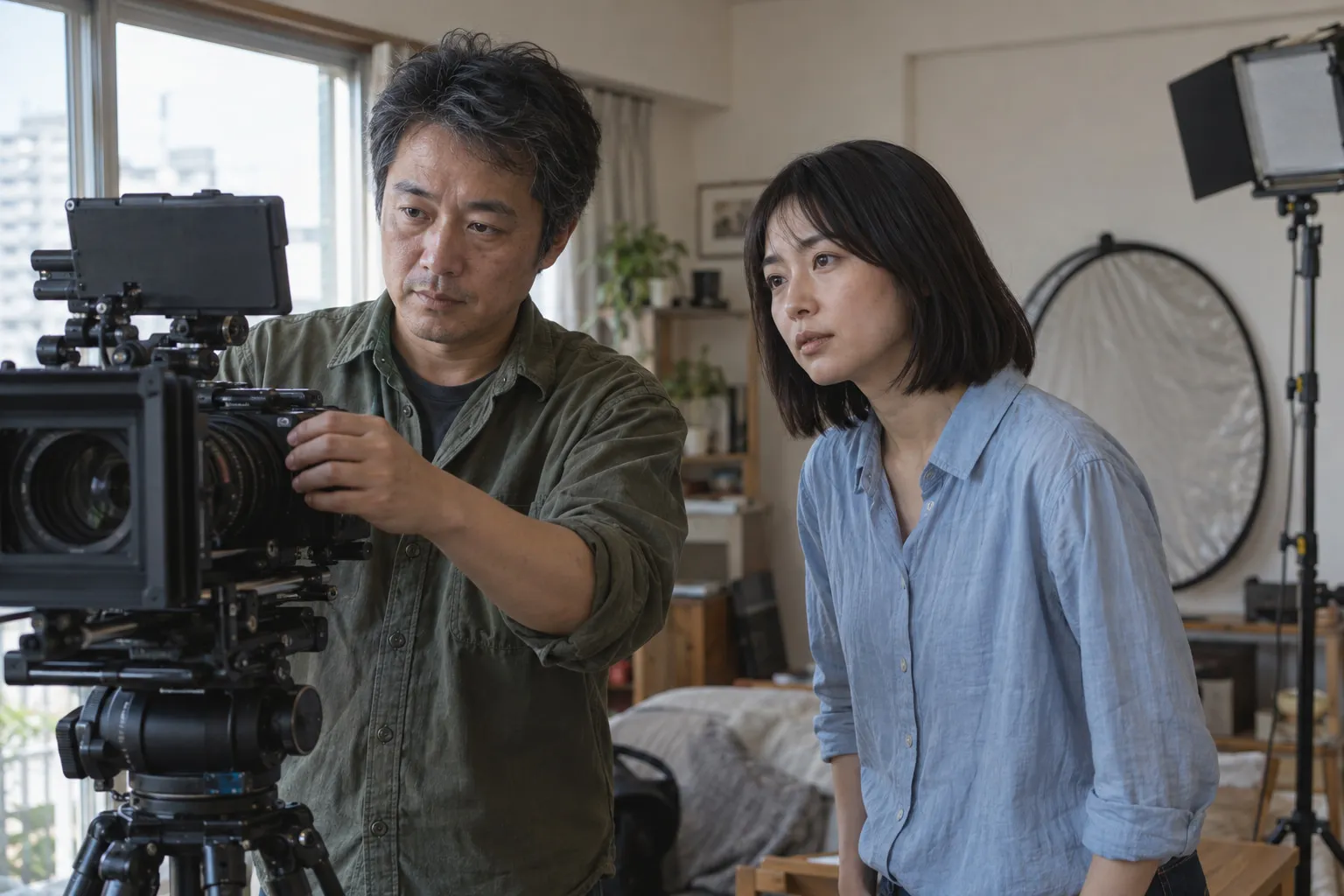 撮影現場でモニターを見ながら演技を確認するスタッフ