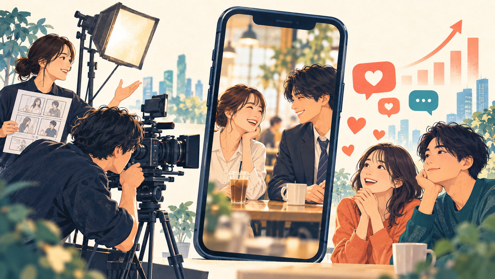 下記の文章のイメージ画像 --- TikTokやInstagram、YouTubeを開けば、ショートドラマを目にしない日はない――そんな時代になりました。 何気なく見始めたドラマが、実は企業の商品やサービスを紹介する広告だった。わずか1〜2分の物語に思わず笑ったり、共感したり、時には涙したり。そん